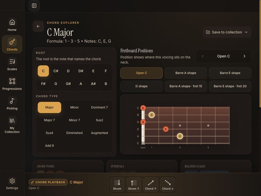 Fretweave Chord Explorer showing a C major chord shape on the guitar fretboard