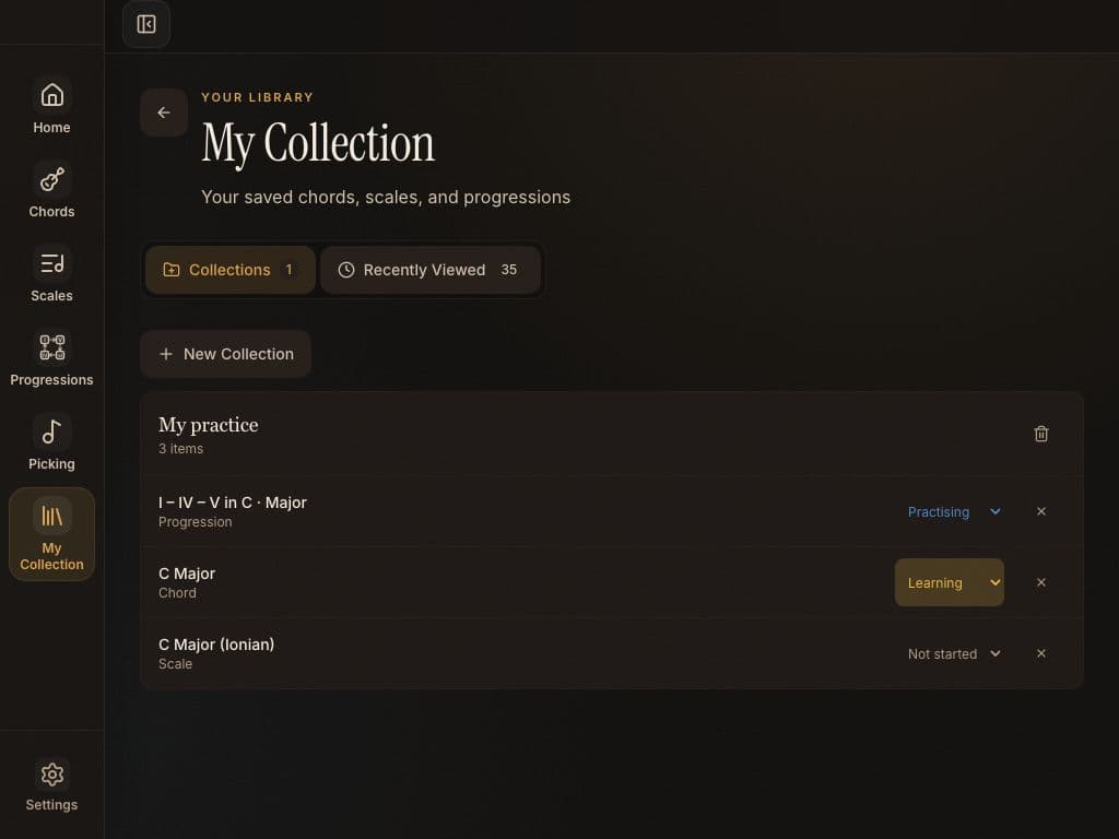 Fretweave My Collection with saved guitar practice ideas