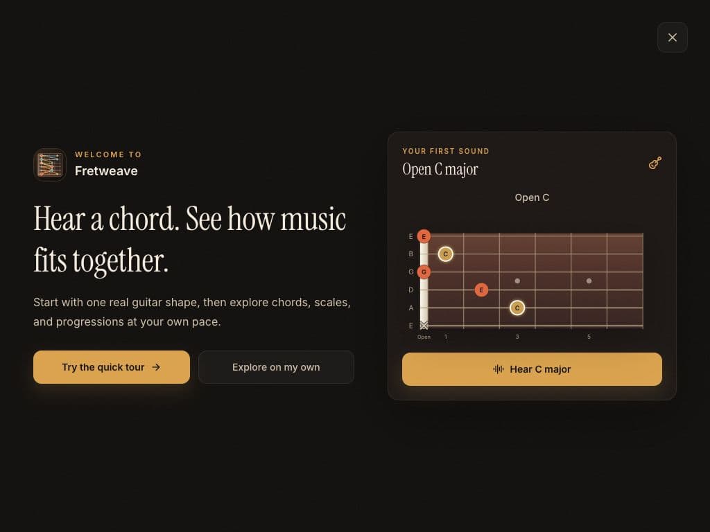 Fretweave welcome screen with the playable Open C major chord and an optional Quick Tour