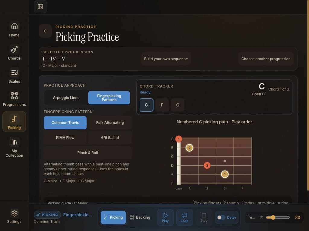 Fretweave Picking Practice with a populated guitar picking exercise and tempo controls